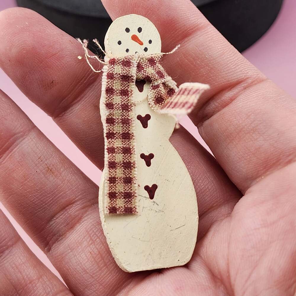 Wood Snowman Brooch Gingham Scarf Red Heart Buttons Folk Art Christmas Pin
